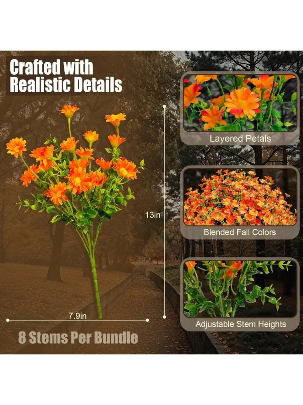 8 Bundles UV Resistant Faux Flowers - Orange Mums for Home Garden & Wedding